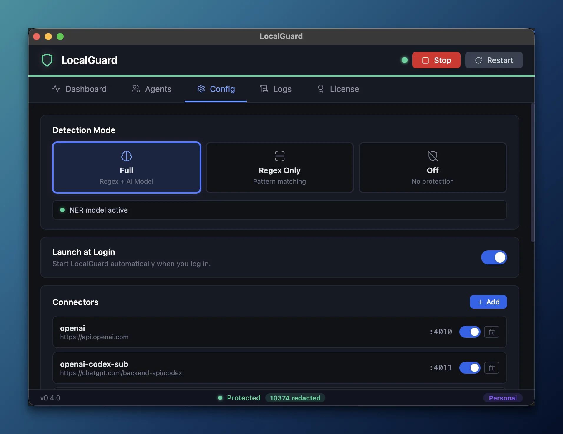LocalGuard Config tab: Detection Mode toggle (Full / Regex Only / Off), Launch at Login switch, Connectors list with openai and openai-codex-sub.