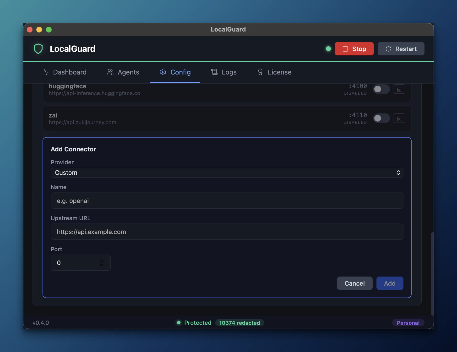 LocalGuard Add Connector modal: Provider (Custom dropdown), Name, Upstream URL, Port, Cancel / Add buttons.