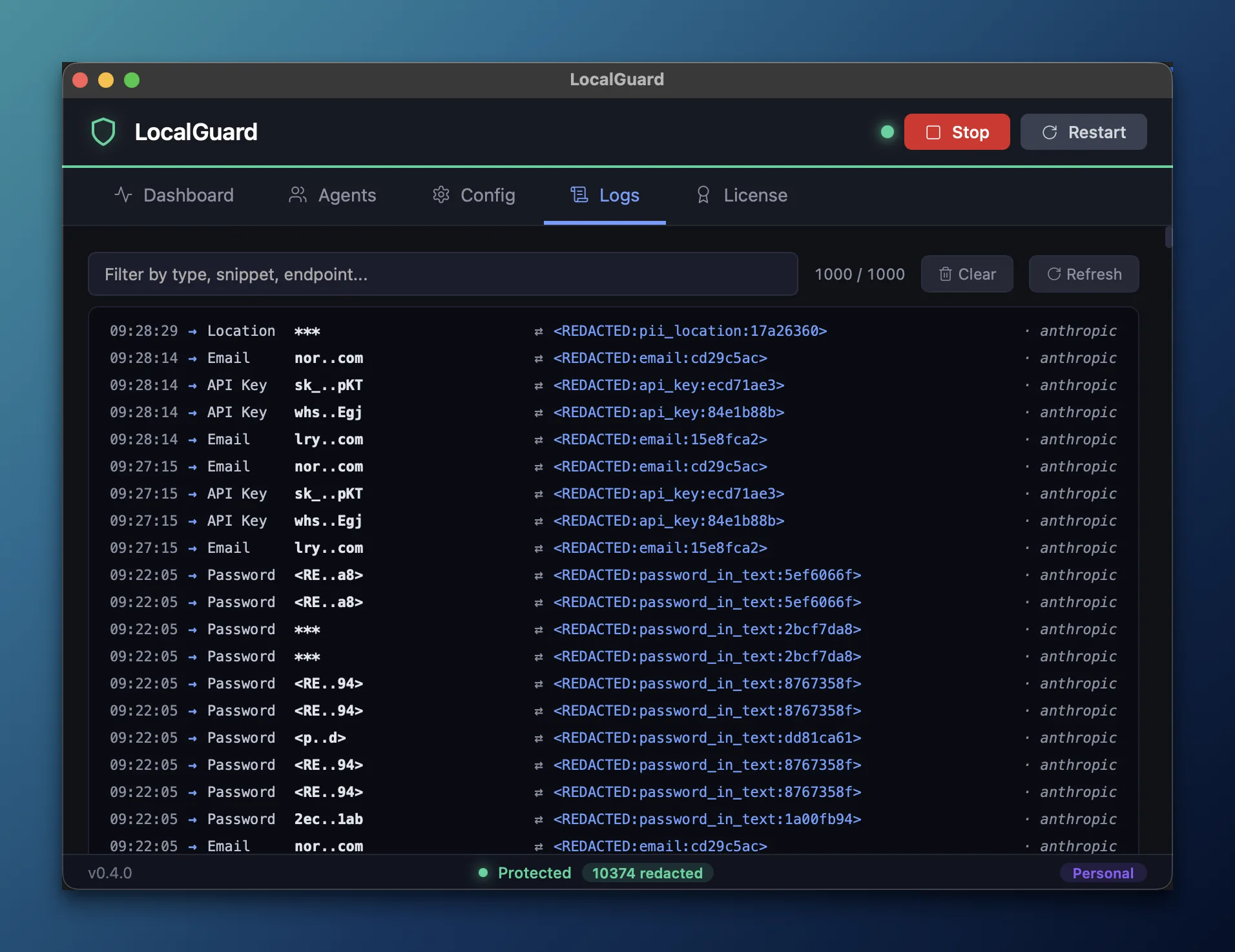 LocalGuard Logs tab showing per-event redaction entries with timestamps, original snippet, placeholder, and upstream provider.