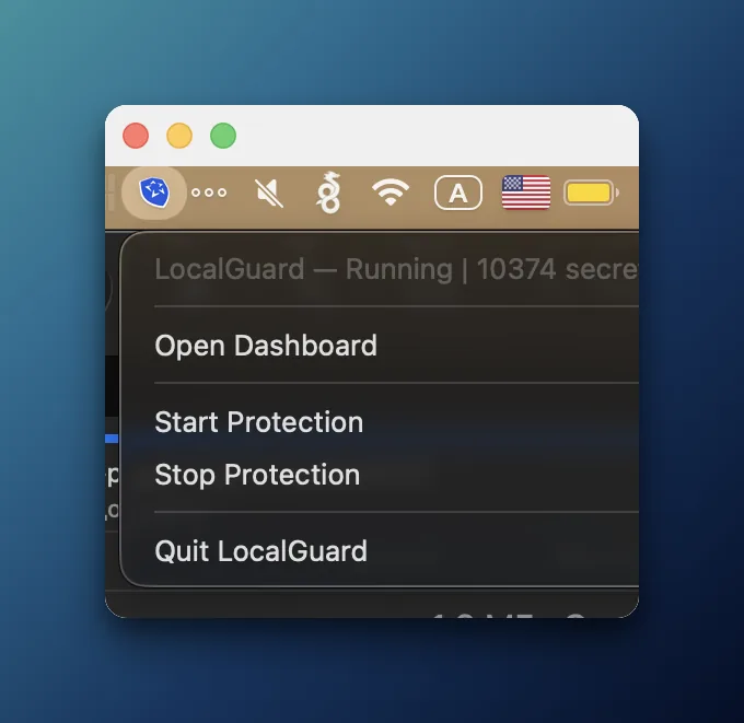 macOS menu bar showing the LocalGuard tray icon with options: Open Dashboard, Start Protection, Stop Protection, Quit.
